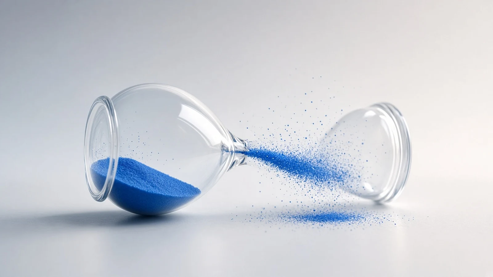 A glass hourglass lying on its side with blue sand drifting inside