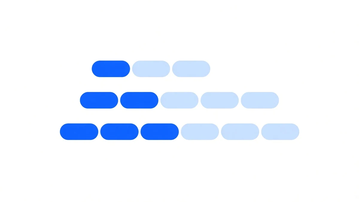 Three rows of rounded bars of increasing length, blue steps followed by light blue gaps