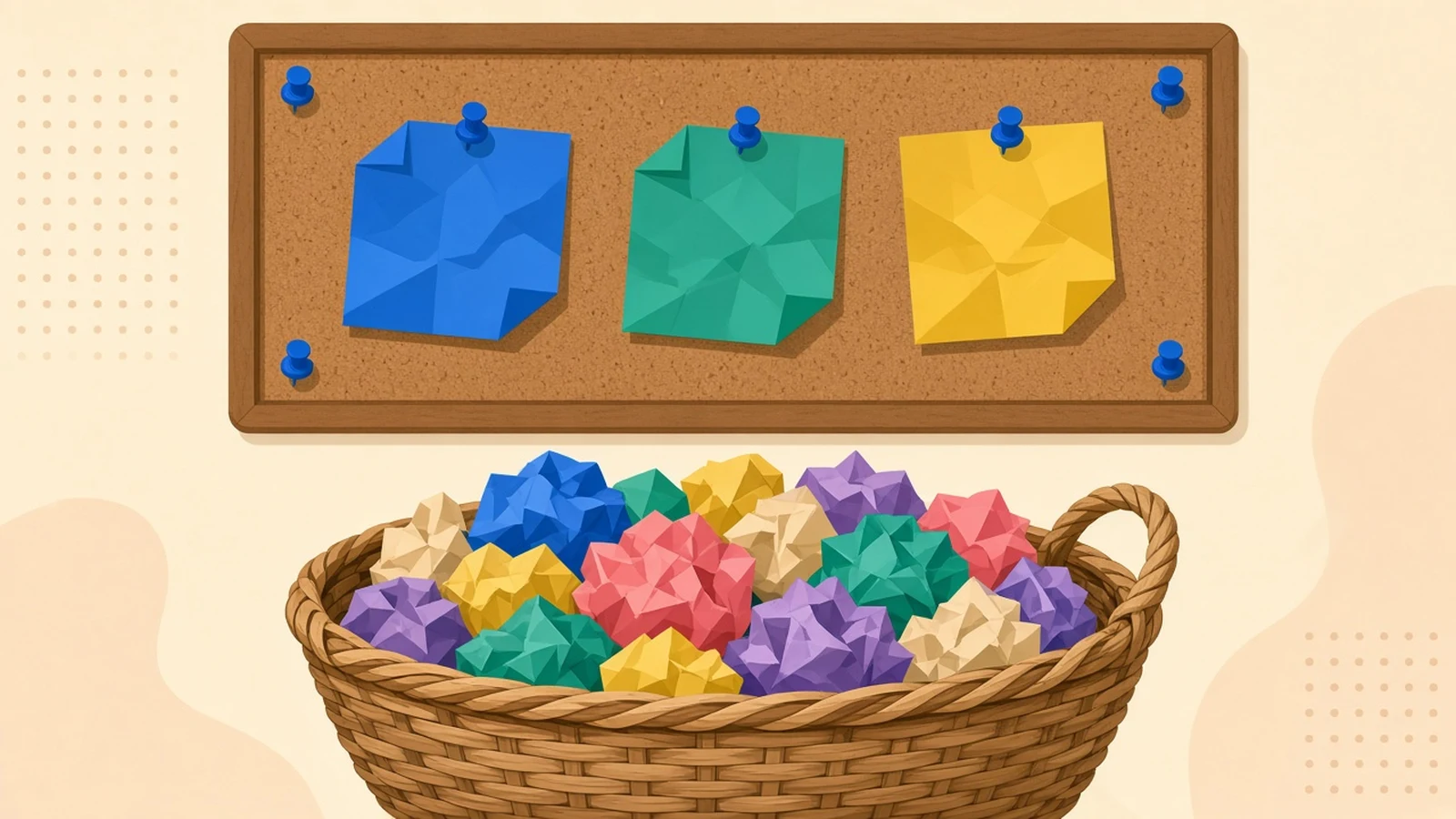 A corkboard with three crumpled notes pinned up and a basket of crumpled colored notes below