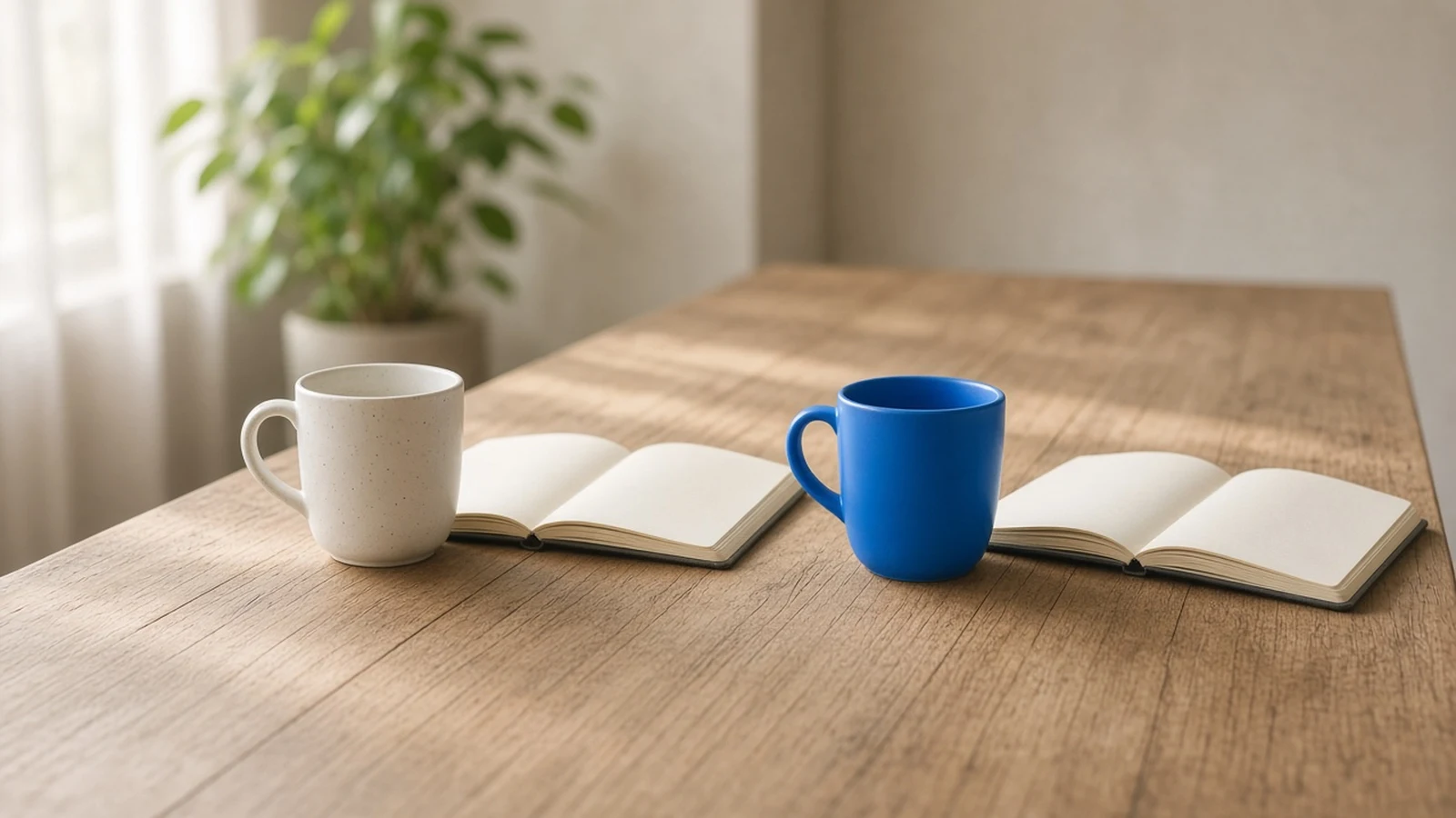 A white mug and a blue mug, each beside an open notebook, on one shared table