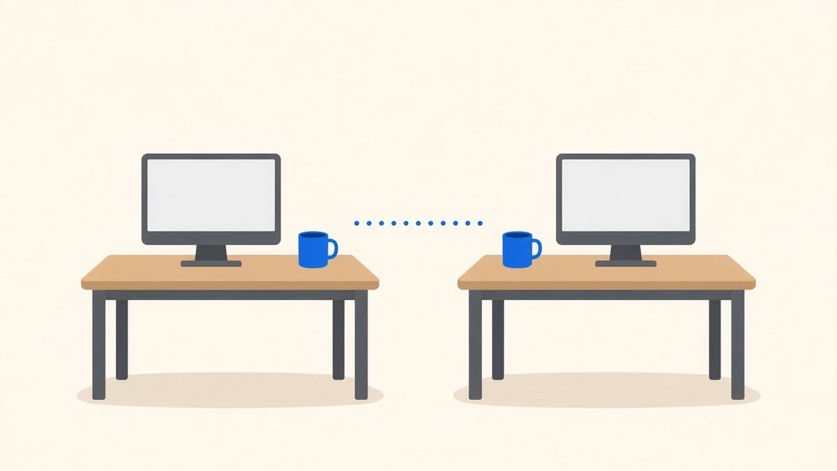 Two simple flat desks side by side, each with a screen and a blue mug, connected by a dotted line.