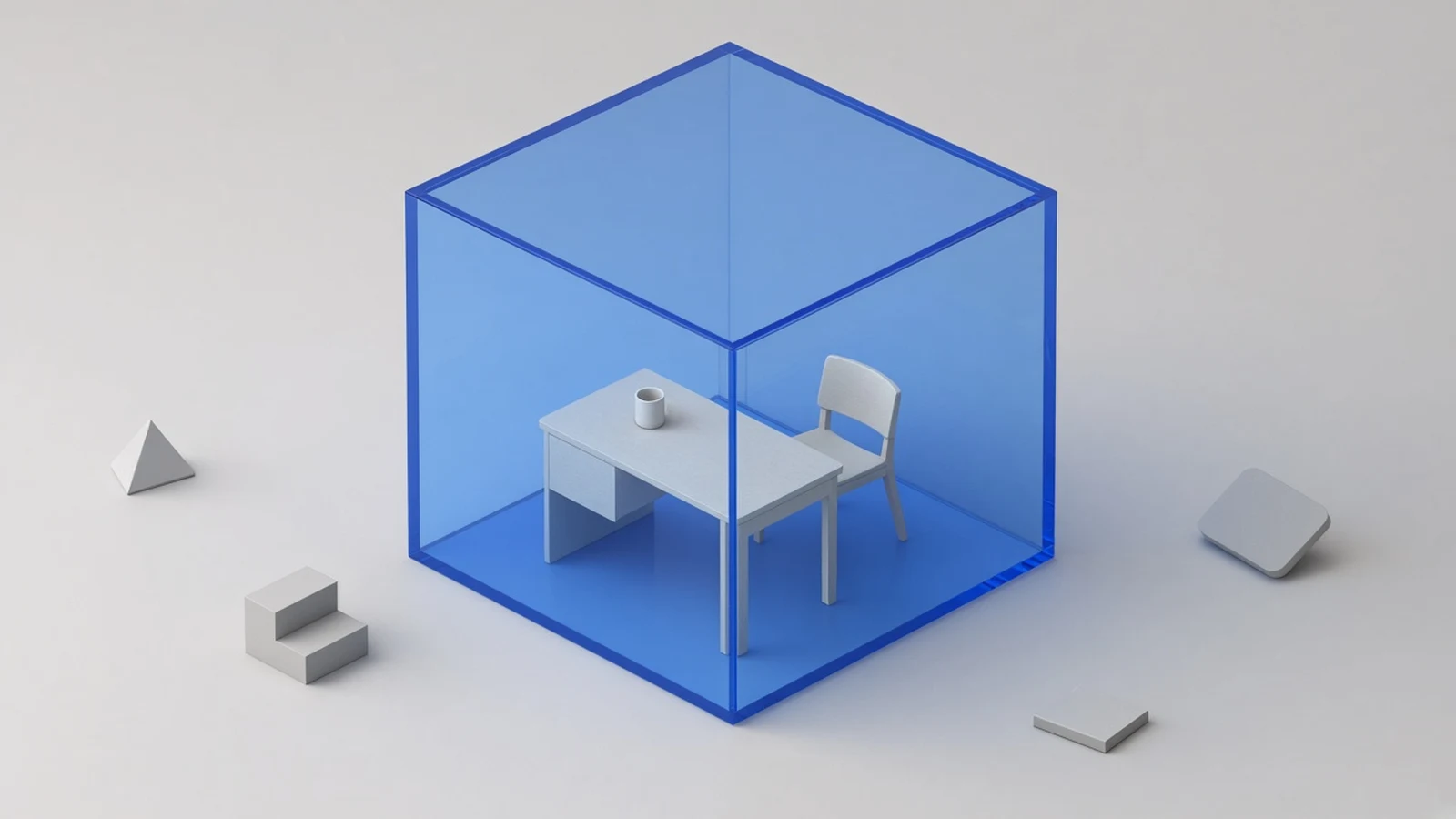 A blue glass cube room with a desk and chair, grey shapes kept outside its walls