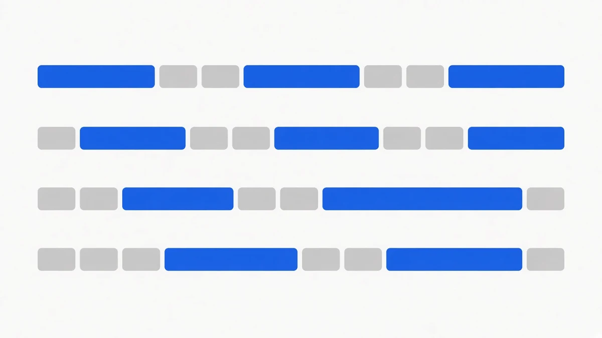 Four horizontal bands of rounded bars, each band mixing long blue focus blocks with short grey blocks in a different pattern.