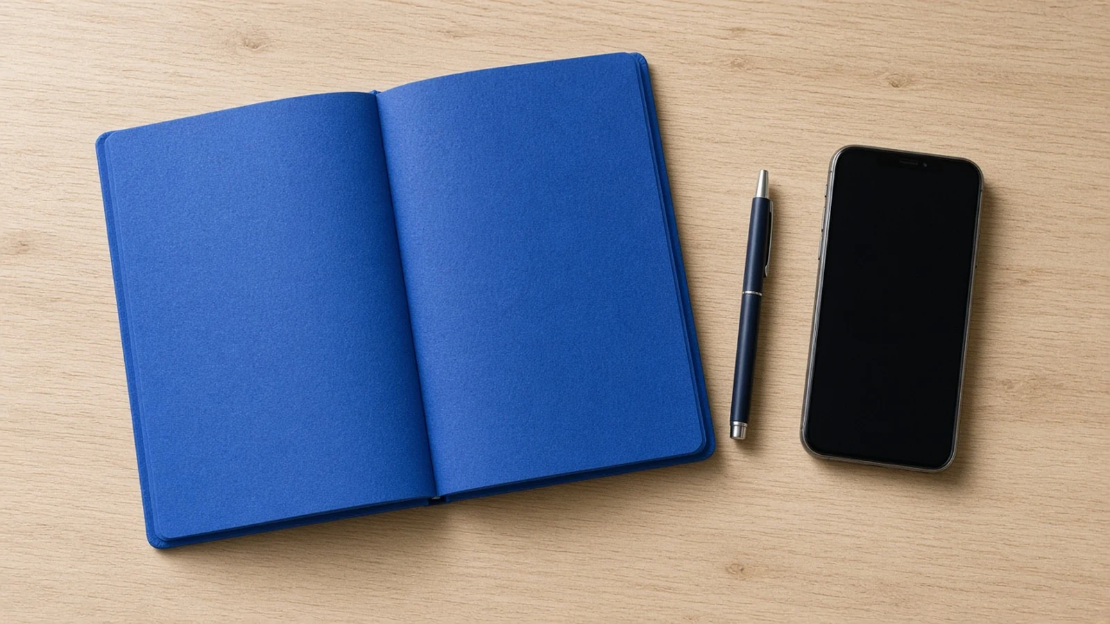 An open blue notebook with a navy pen next to a black phone on an oak desk