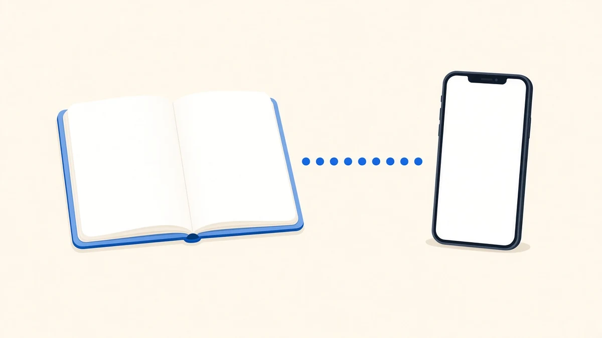 Flat illustration of an open notebook and a phone side by side, with a short line of blue dots linking the two.