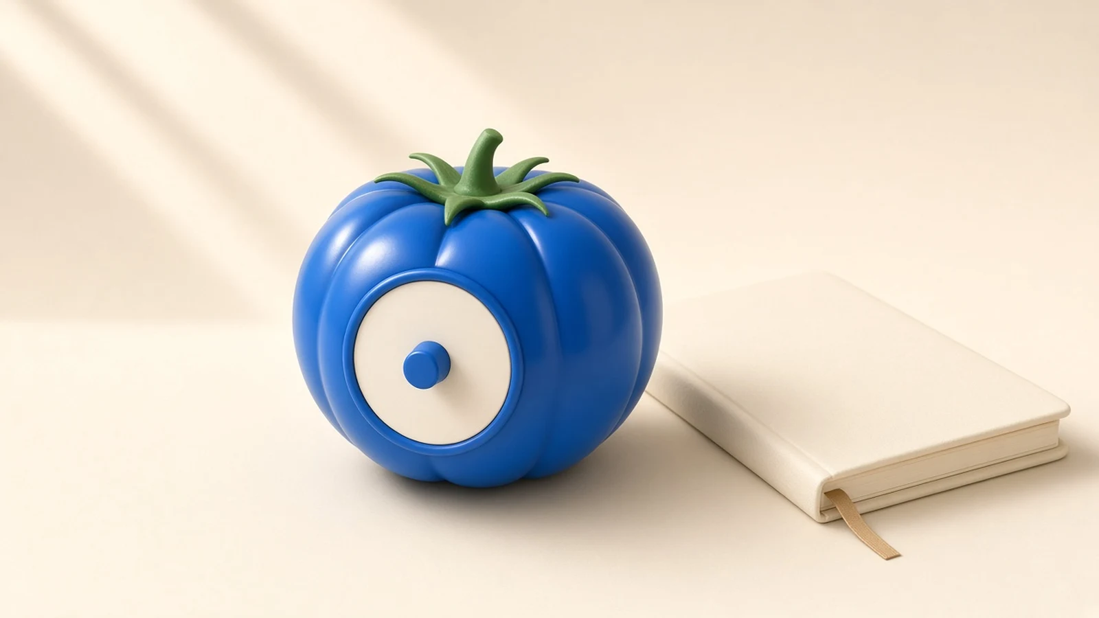 A blue tomato shaped kitchen timer next to a cream notebook