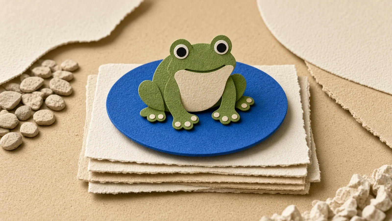 A felt paper frog sitting on a blue plate on top of a stack of paper task cards