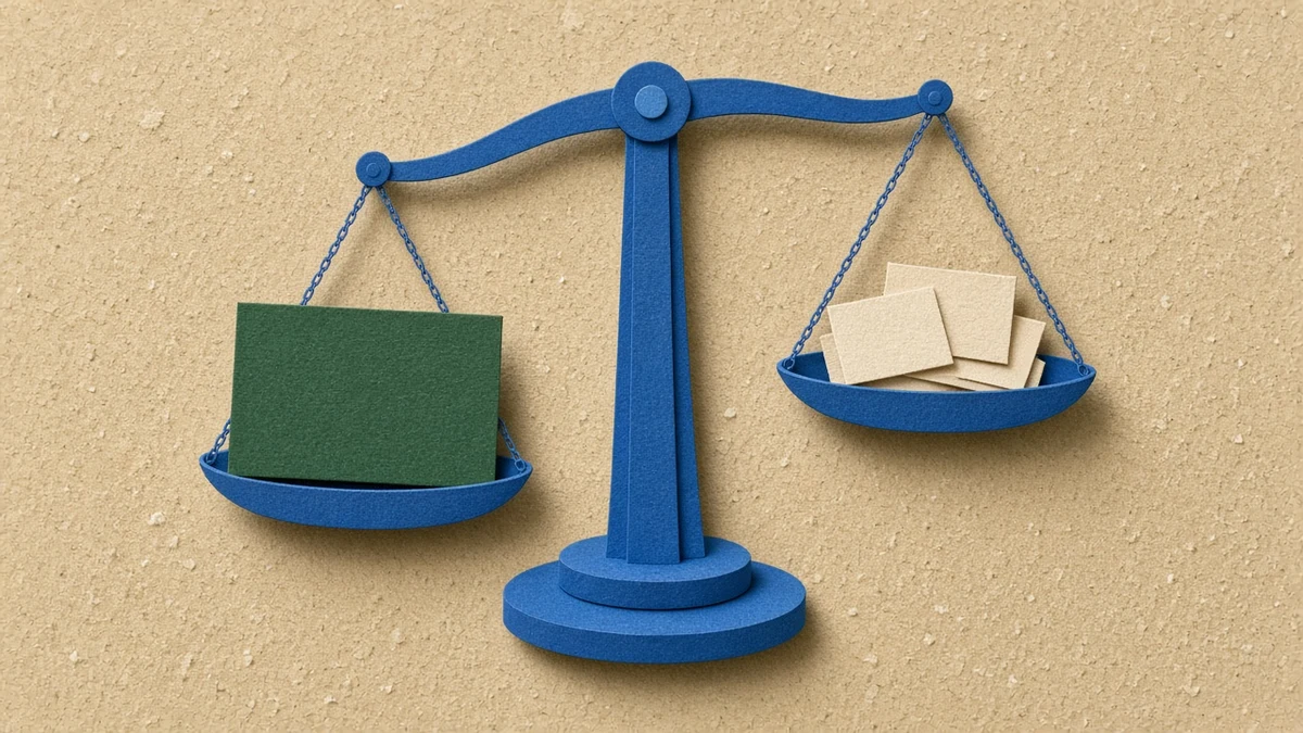 A paper balance scale where one large green card outweighs a pile of small cream cards