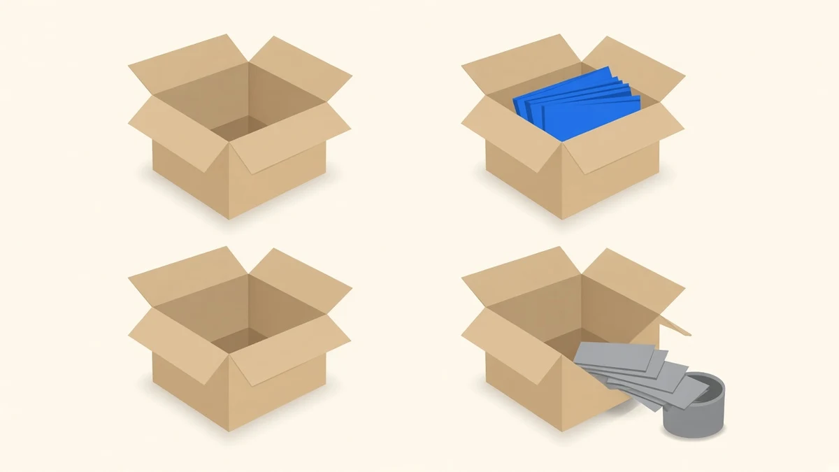 Four open boxes in a two by two grid, blue cards filling the top right box and grey cards spilling from the bottom right box into a small bin