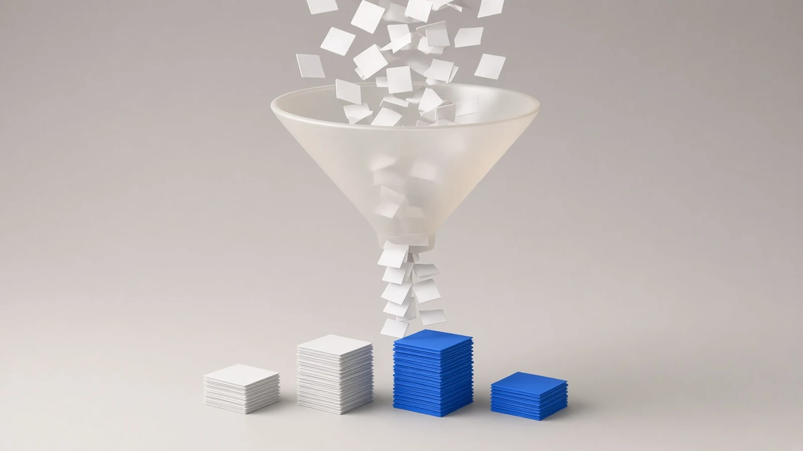 A funnel dropping cards into four stacks, two of them blue