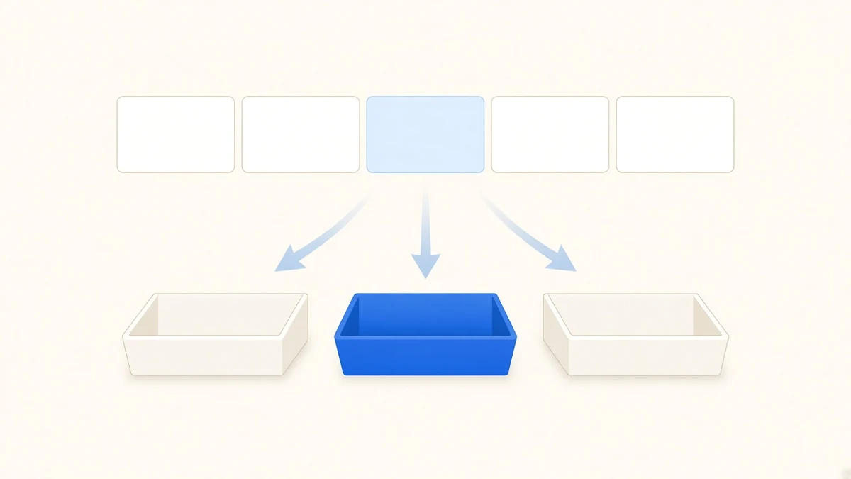 A row of cards with one light blue card sorted by arrows into three trays, the middle tray blue
