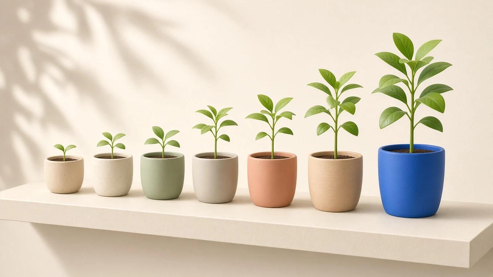 Seven seedlings in pots growing taller from left to right, the tallest in a blue pot