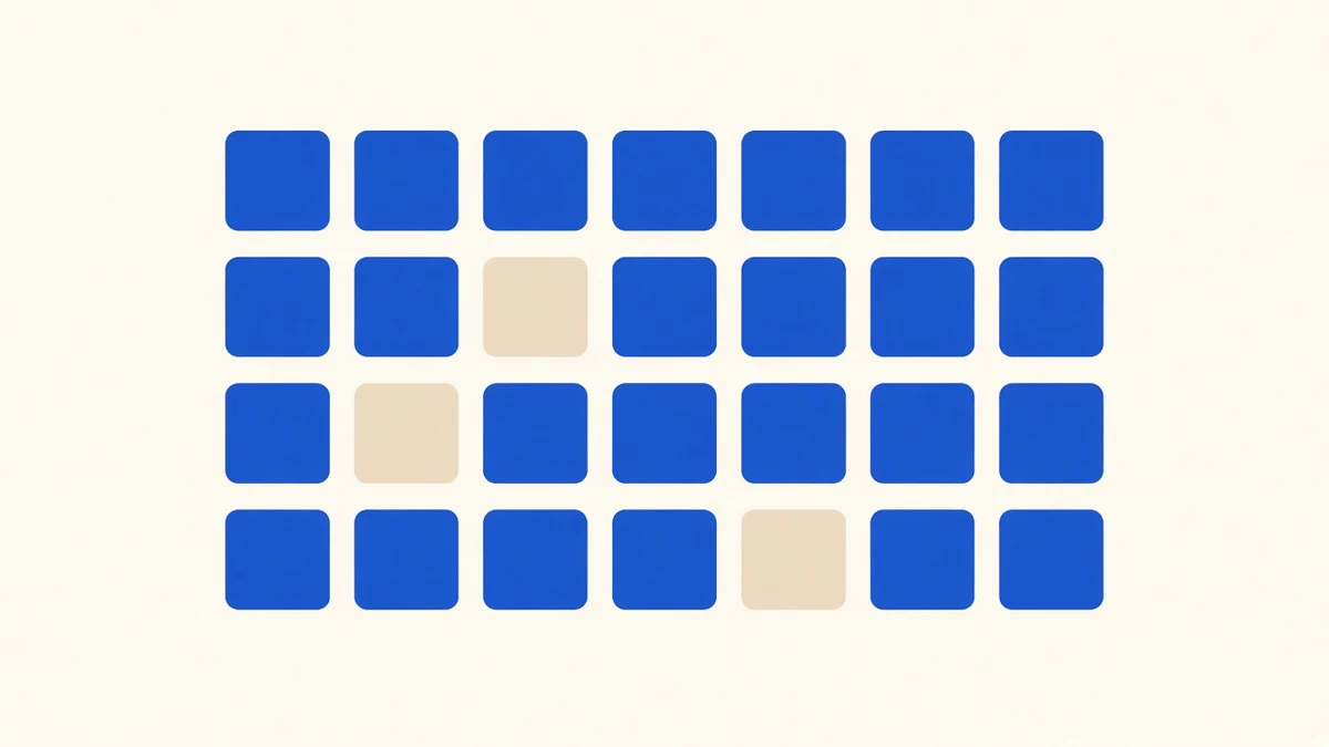 A flat grid of 28 small squares arranged like a month calendar, most of them blue and three plain sand squares where days were missed.