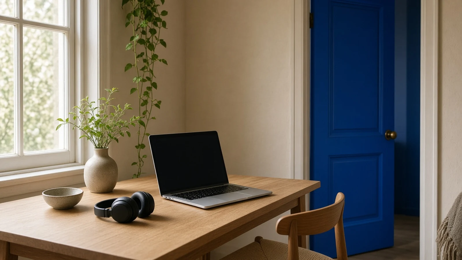 A desk by a window with a laptop and headphones, and a cobalt blue door left slightly open