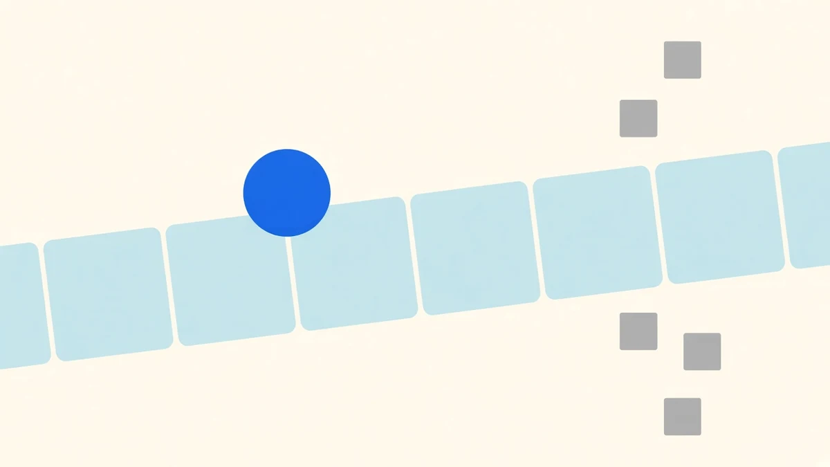 Flat illustration of a straight path of light blue tiles with a blue ball on it and grey squares set to the side rather than on the path.