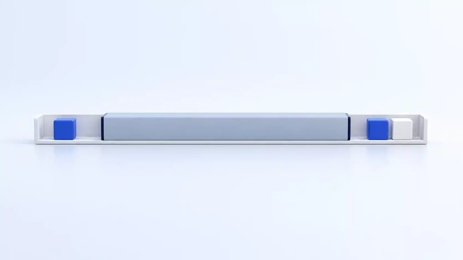 A long rail taken up mostly by one large fixed block in the middle, with a single blue block in the small space at one end and a blue block and a white block at the other.