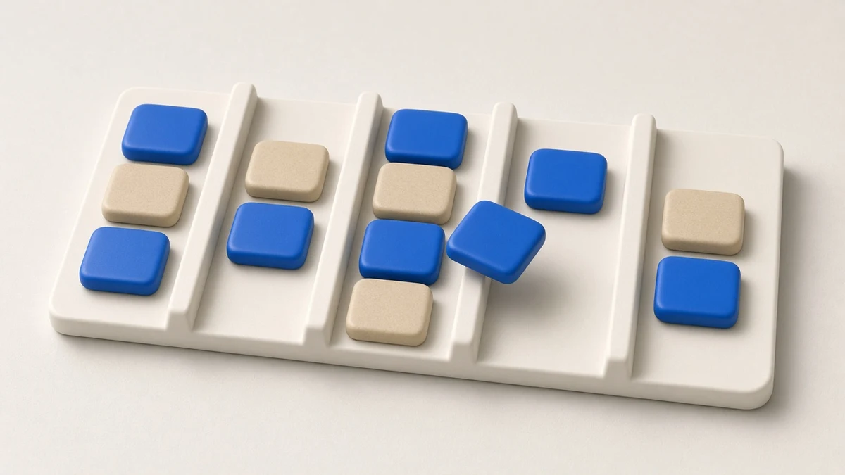 A weekly planner board with five columns of blue and sand tiles, one tile being moved from a crowded day to a lighter one