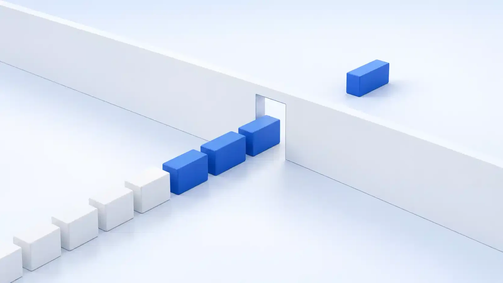 A neat line of blocks waiting before a narrow opening in a long wall, with the three blue blocks at the front about to pass through and one already through on the other side.