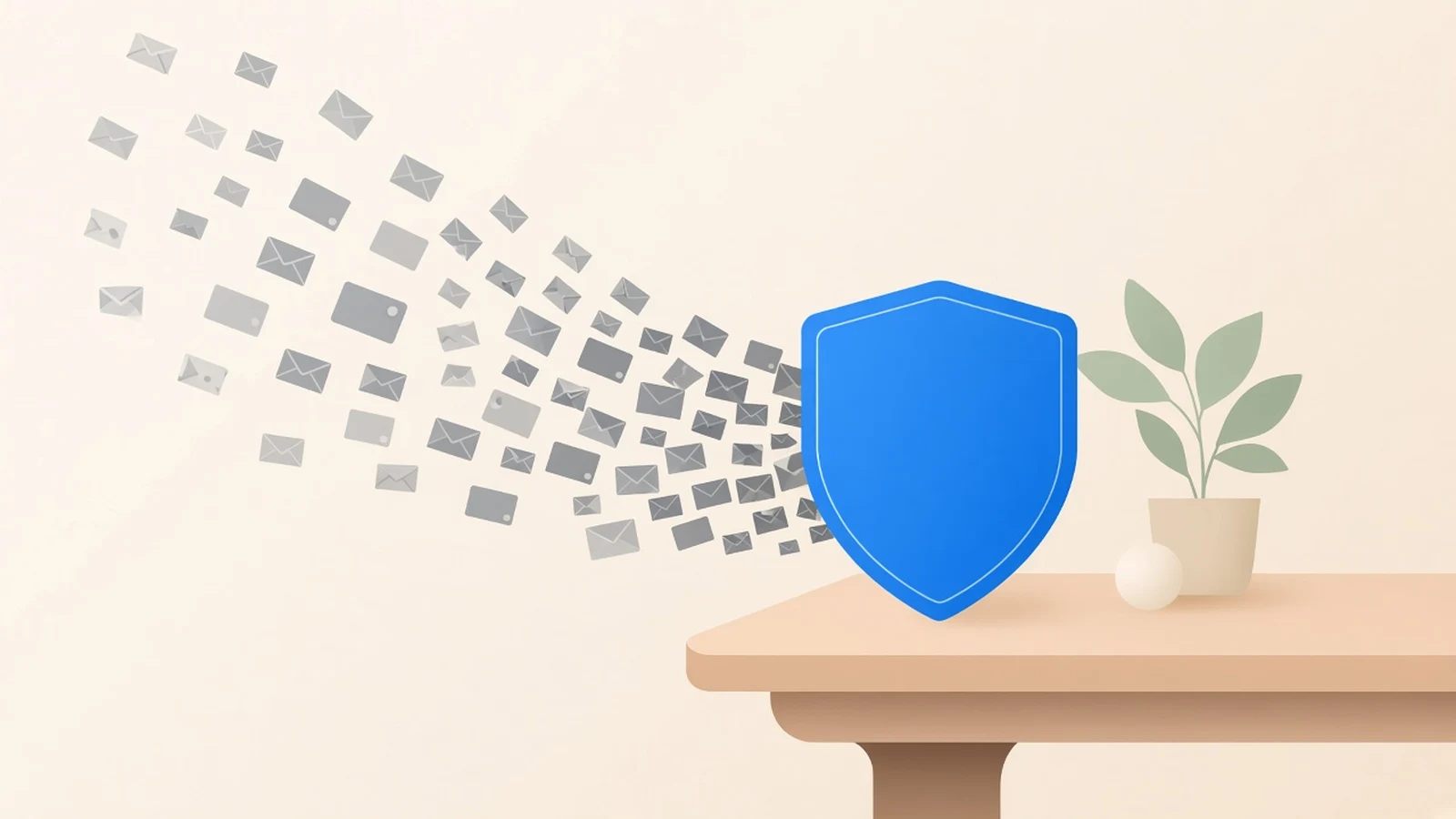 Grey envelopes stopped by a blue shield before they reach a desk with a plant