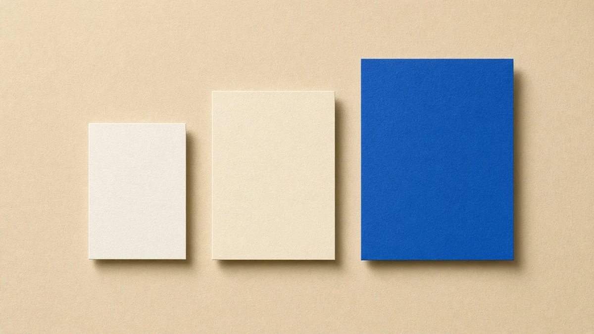Three paper cards growing in size from left to right, the largest one in blue, suggesting a vague list turning into a clear one.