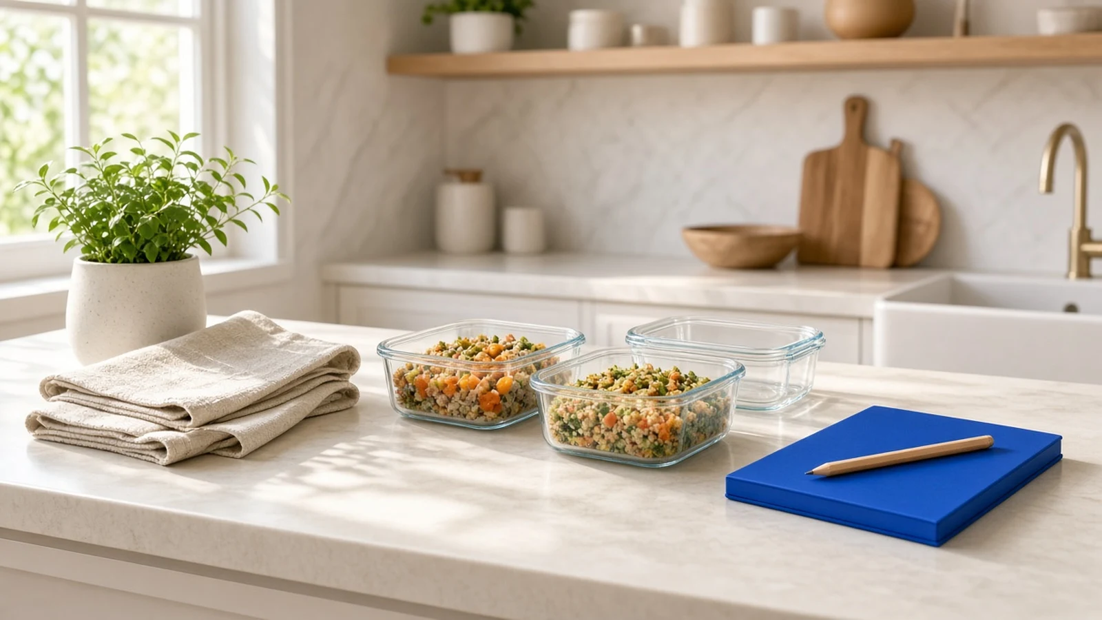A bright kitchen counter with folded towels, a plant, meal prep containers, and a blue notebook with a pencil