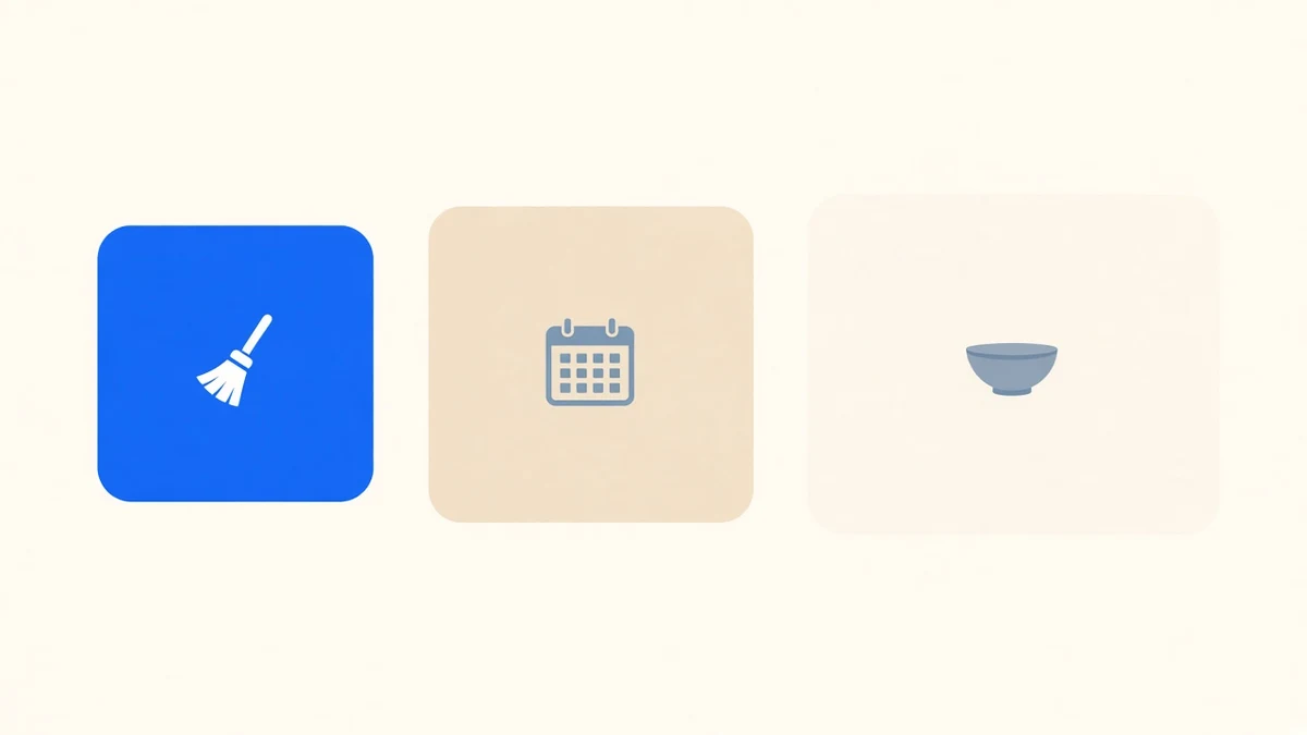 Three rounded panels of increasing size showing a broom, a calendar, and a bowl, the first panel blue