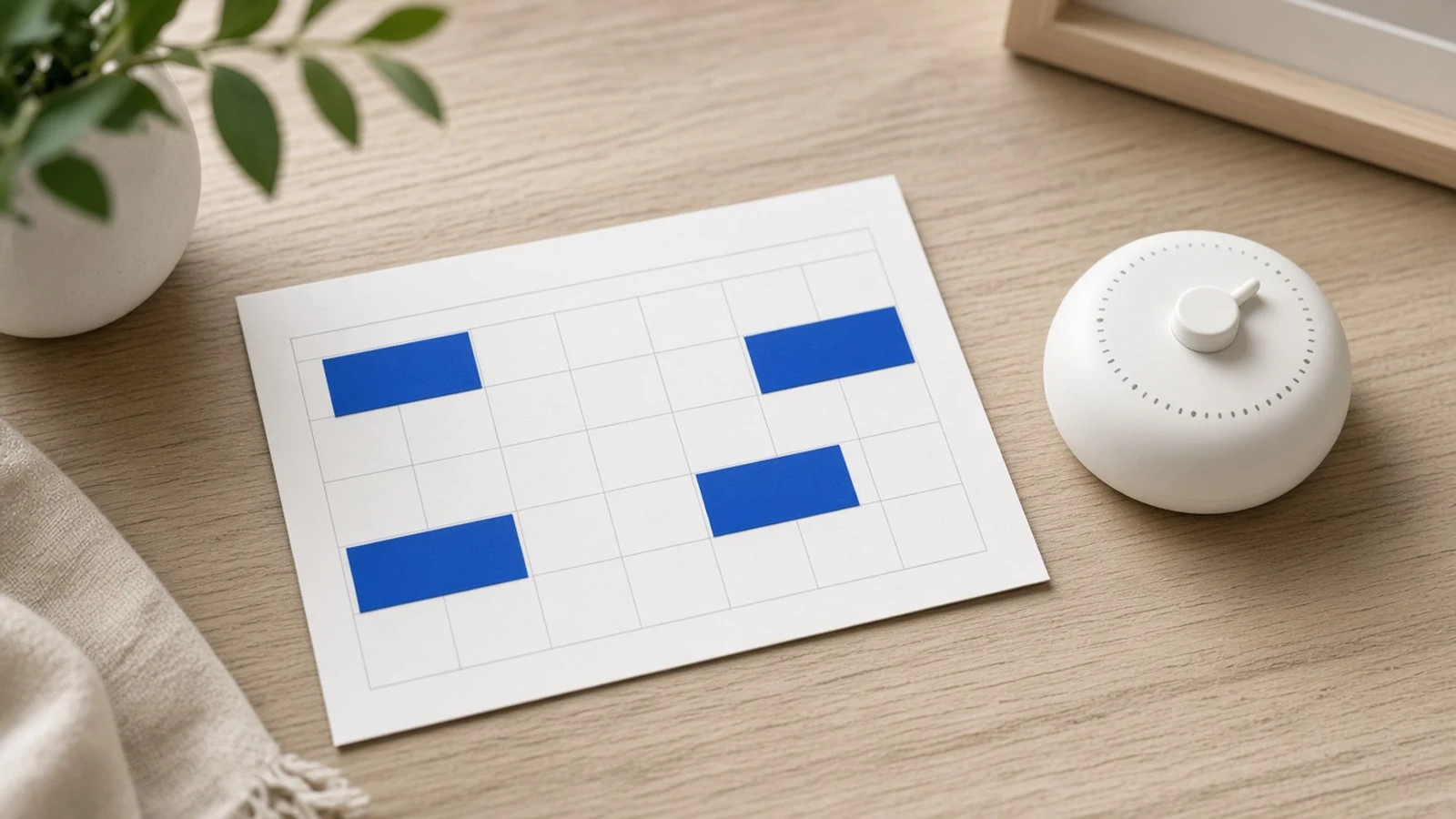 A paper weekly planner grid with four blue tabs beside a round white timer and a small plant on an oak desk