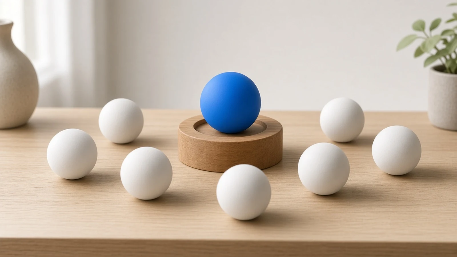 Eight white balls gathered around a single blue ball on a wooden stand