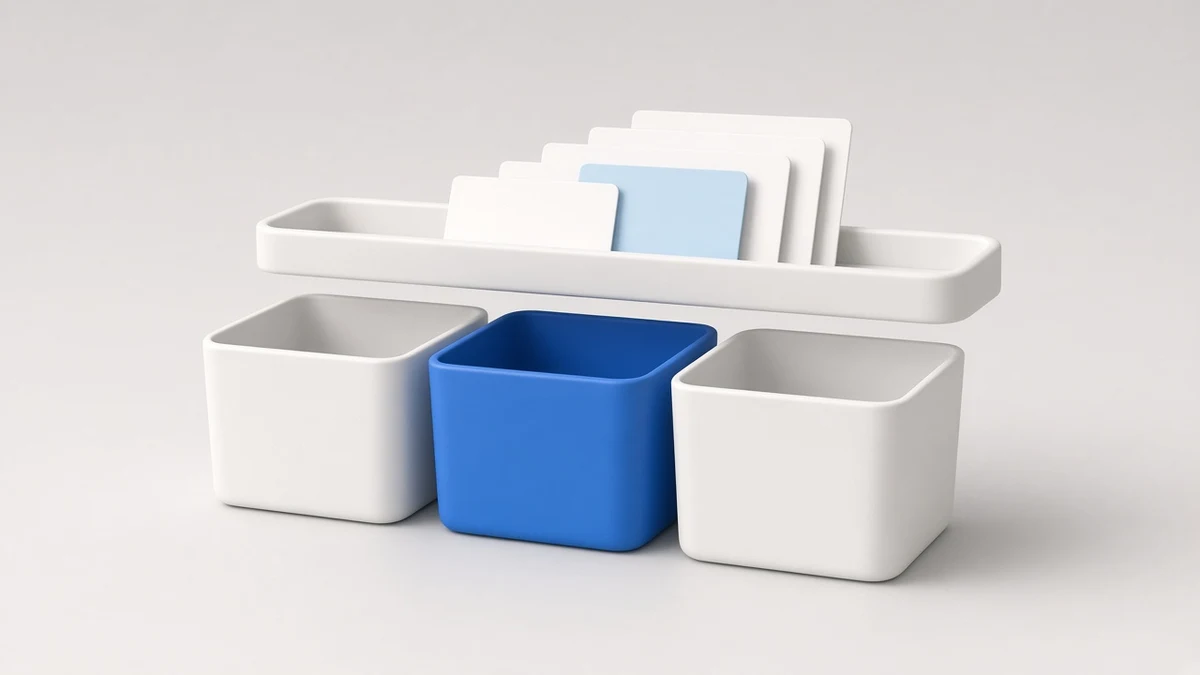 Soft 3D scene of three upright trays, the middle one blue, with a shelf of small cards above, one card tinted light blue.