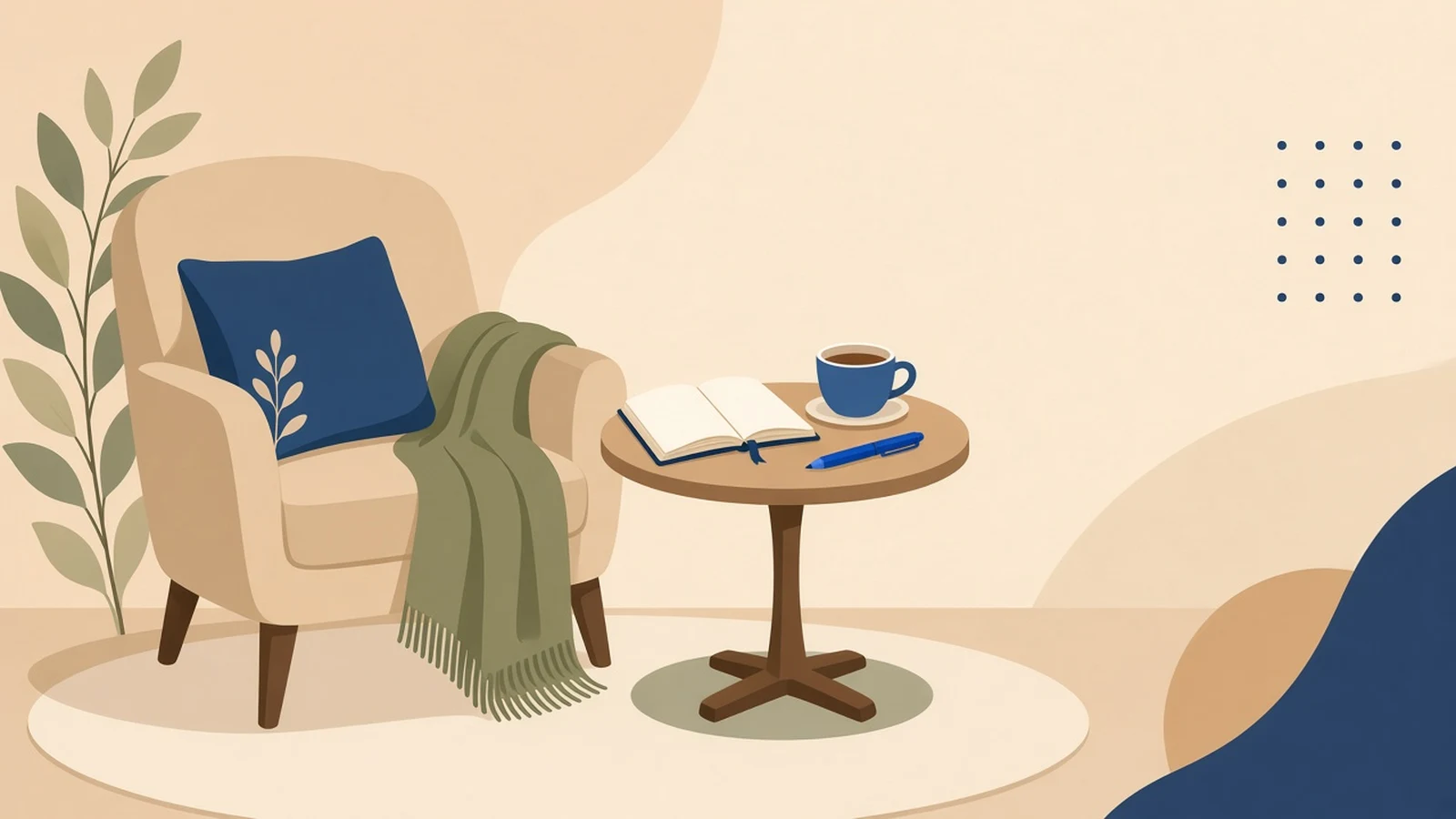An armchair beside a side table with an open notebook, a blue cup, and a blue pen