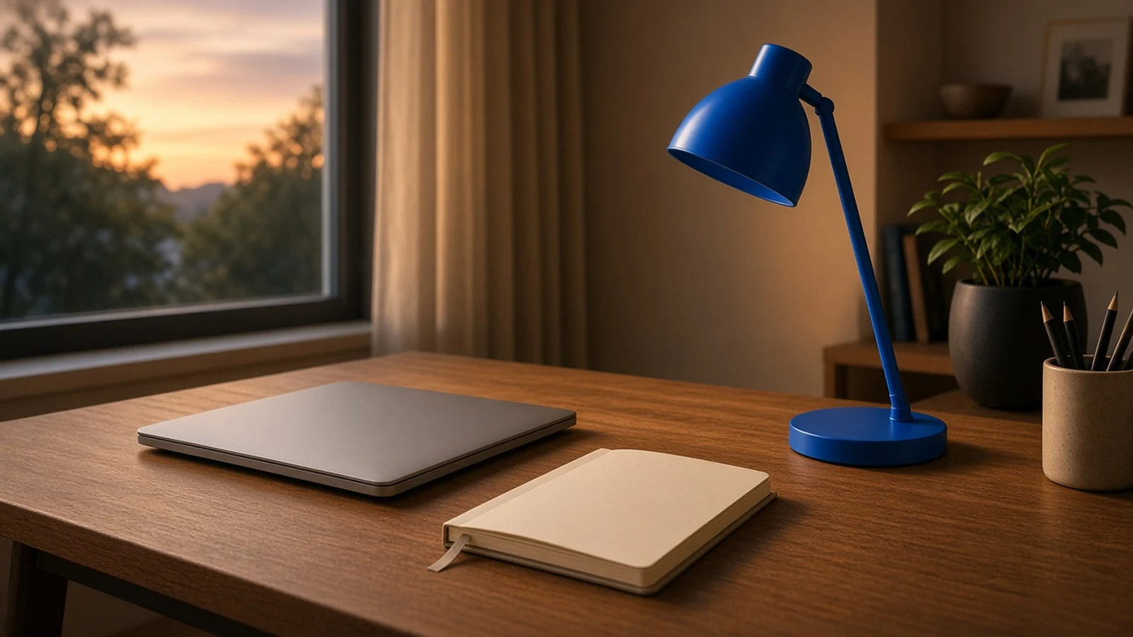 A desk at dusk with a closed laptop, a notebook, and a blue lamp under a sunset window